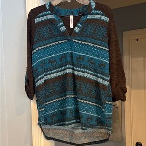 Honeyme Blue and Brown Patterned Top